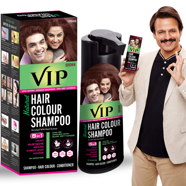 VIP 5 in 1 Hair Colour Shampoo base Hair Color Shampoo, Brown 180ml Brown