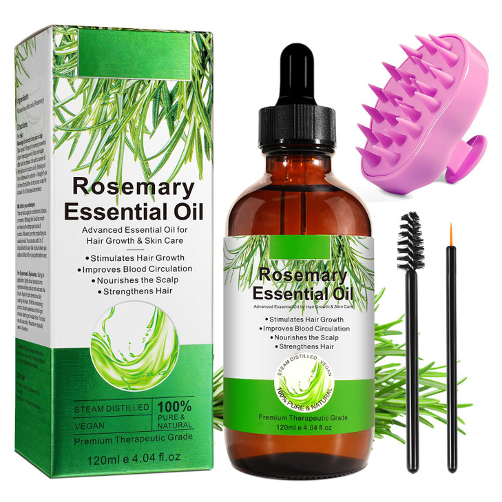 Rosemary Oil for Hair Growth 4.04 Fl Oz with Scalp Massager, Pure Rosemary Essential Oil for Eyelashs, Eyebrows, Face, Skin Care, Body Massage, Nouri