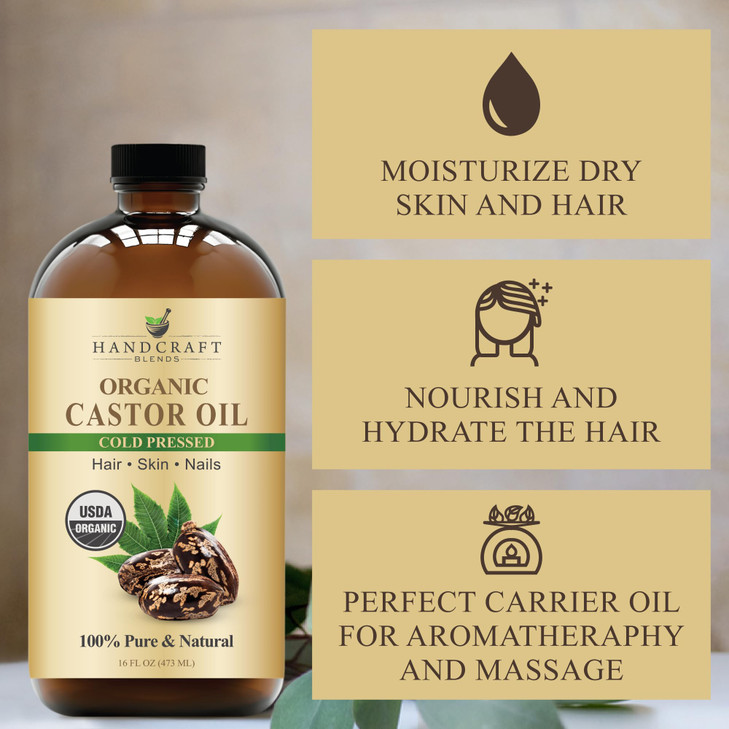 Handcraft Blends Cold-Pressed Organic Castor Oil 16 Fl Oz | Glass Bottle | 100% Pure and Natural | Premium Grade Carrier Oil | Hair, Eyelashes and Ey