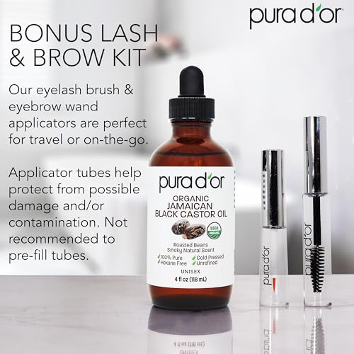 PURA D'OR 4 Oz ORGANIC Jamaican Black Castor Oil - Natural Smoky Scent - w/ 2 BONUS Empty Brushes - 100% Pure USDA Certified Cold Pressed & Roasted,