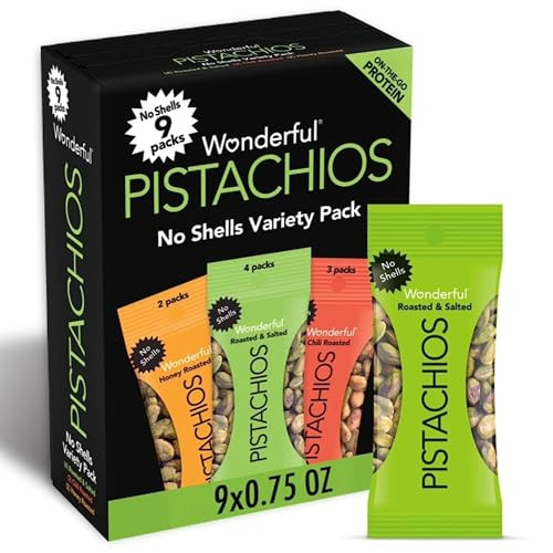 Wonderful Pistachios No Shells, 3 Flavors Mixed Variety Pack of 9 (0.75 Ounce), Roasted & Salted Nuts (4), Chili (3), Honey (2), Protein Snacks, Glut