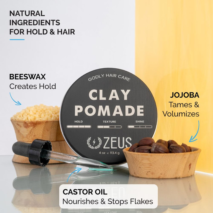 ZEUS Clay Pomade for Men, Matte Finish, Water Soluble & Extra Firm Hold Hair Styling Clay Pomade  MADE IN USA (4 oz.)
