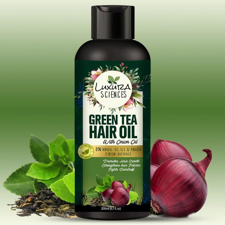 Luxura Sciences Green Tea Oil for Hair Growth | Controls Dandruff & Hair Loss | Root Strengthening Oil | Makes Hair Soft, Shiny & Thick | 6.76 Fl Oz/