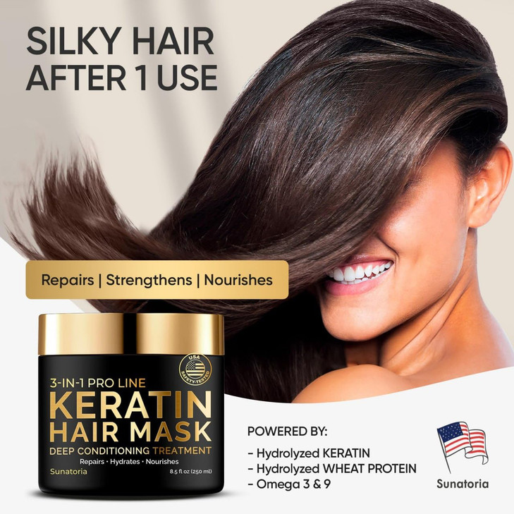 SUNATORIA Keratin Hair Mask - Deep Conditioner for Dry Damaged Hair - Hydrates, Repairs, Nourishes - Keratin Hair Treatment - Deep Conditioning Hair