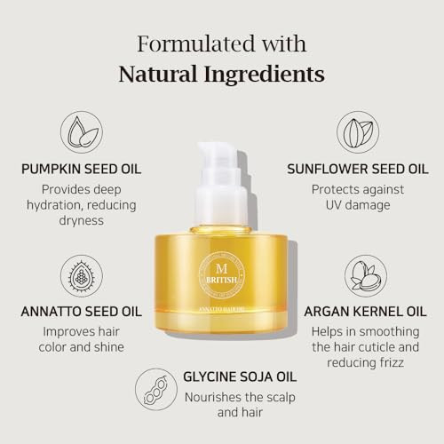 BRITISH M Annatto Hair Oil 2.36 fl. oz  Frizz-Free Shine, Deep Hydration, Natural Vegan Formula, UV Protection, Salon-Quality for All Hair Types