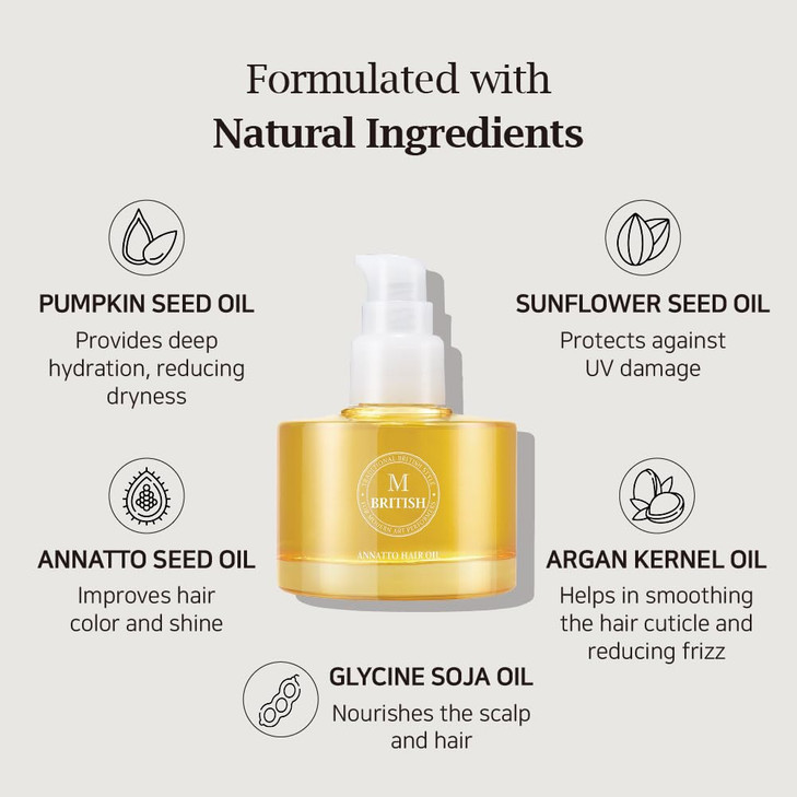 BRITISH M Annatto Hair Oil 4.73 fl. oz  Frizz-Free Shine, Deep Hydration, Natural Vegan Formula, UV Protection, Salon-Quality for All Hair Types