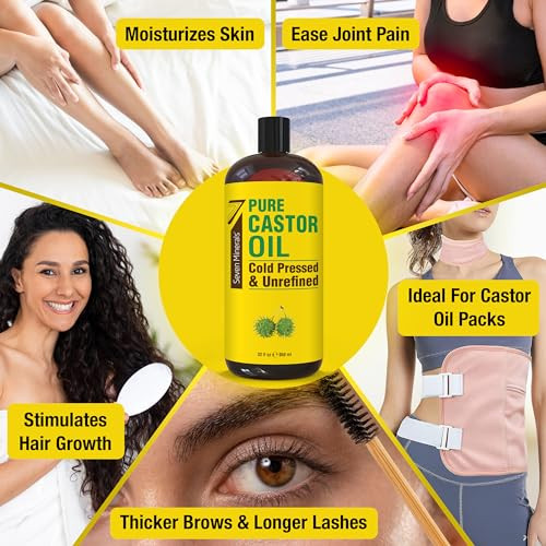 Pure Cold Pressed Castor Oil - Big 32 fl oz Bottle - Unrefined & Hexane Free - 100% Pure Castor Oil for Hair Growth, Thicker Eyelashes & Eyebrows, Dr