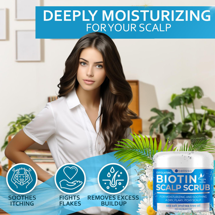 Biotin Scalp Scrub - Exfoliator Treatment for Dry Hair and Itchy, Flaky Scalps - Intense Moisturizer and Detox Cleanser for Build Up Relief - Anti Da