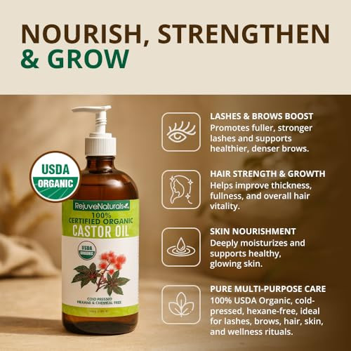 RejuveNaturals Castor Oil (16oz Glass Bottle) USDA Certified Organic, 100% Pure, Cold Pressed, Hexane Free. Boost Hair Growth for Thicker, Fuller Hai