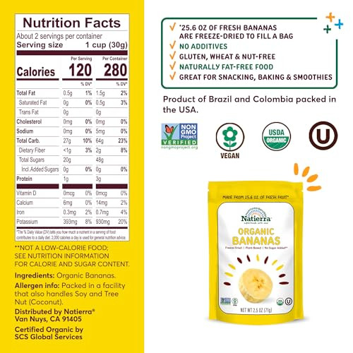 NATIERRA Organic Freeze-Dried Bananas USDA Certified Organic, Vegan & Non-GMO 2.5 Ounce (Pack of 1)