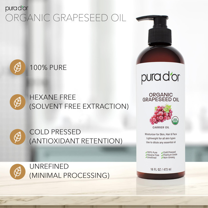 PURA D'OR 16 Oz Organic Grapeseed Oil - 100% Pure & Natural USDA Certified Cold Pressed Carrier Oil - Light & Silky, Unscented, Hexane Free Liquid Mo