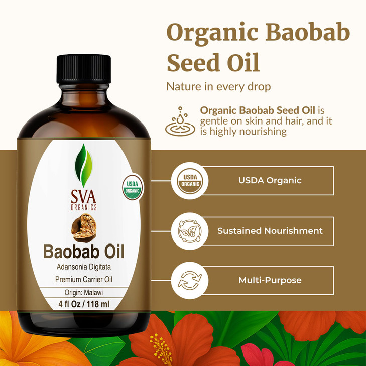 SVA Baobab Seed Oil Organic - 4 Fl Oz  100% Natural Cold Pressed Organic Baobab Oil - for Face, Skin Care, Hair Care, Scalp Massage & Body Massage 