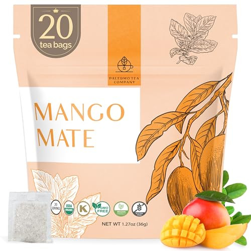 Palermo Organic Yerba Mate Tea Bags 20 Count - Mango Mate Infused with Cinnamon, Orange Peel & Licorice Root - Antioxidant-Rich Tropical Mango Flavor