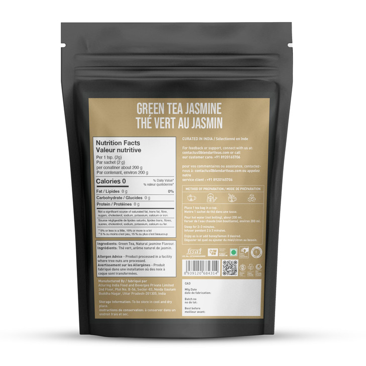 Jasmine Green Tea Bags, 100 Counts, Mountain Loose Leaf Green Tea, Flavored, Delightful Aroma, Sugar Free, 100% Natural Gluten Free, Medium Caffeine