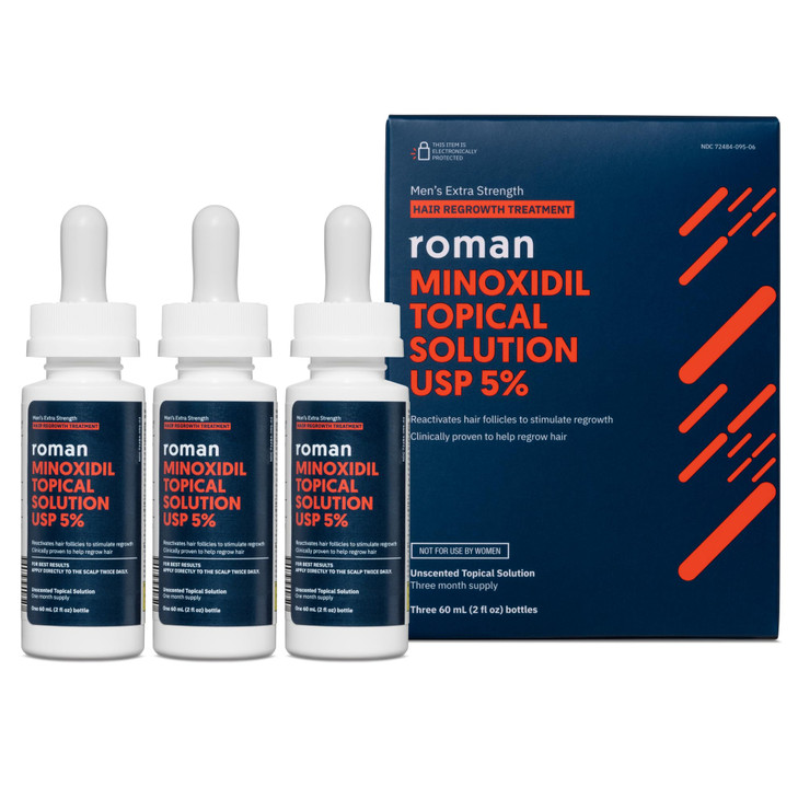 Roman Men's Topical Solution for Hair Regrowth | 5% Minoxidil, Unscented, 3-Month Supply