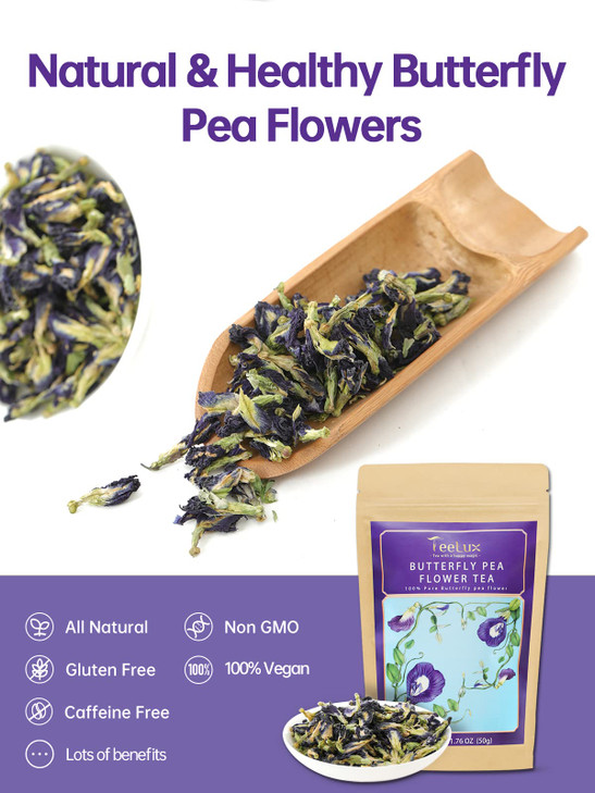 TeeLux Butterfly Pea Flower Tea, Non-GMO, Pure Natural Butterfly Pea Tea, Premium Dried Butterfly Pea Flower for Blue & Purple Drinks and Food Colori