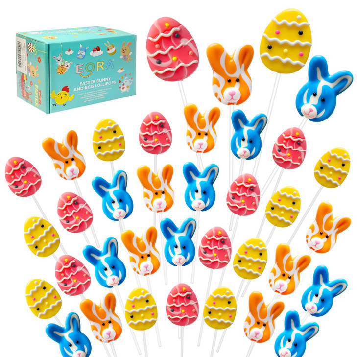 32 Pack Happy Easter Candy Suckers Lollipops, Cute Bunny & Egg Hard Lollipops Candy, Assorted Fruit Flavored Lollipop Suckers, Individually Wrapped B