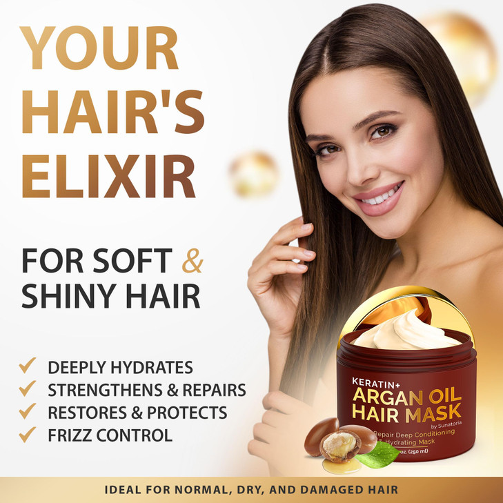 SUNATORIA Hair Mask with Keratin & Argan Oil - Conditioner for Dry, Damaged, Frizzy Hair & Split Ends - Hair Treatment Serum for Hair Repair & Hydrat