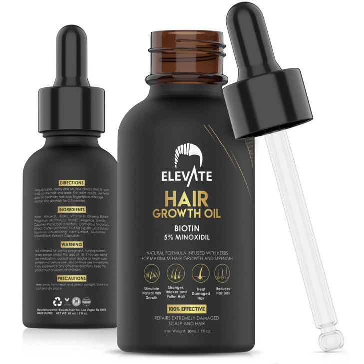 Elevate Hair Regrowth Treatment 5% Minoxidil Solution - Biotin Serum Hair Growth Oil for Men & Women - Thicker Fuller Stronger Hair - Stops Hair Loss