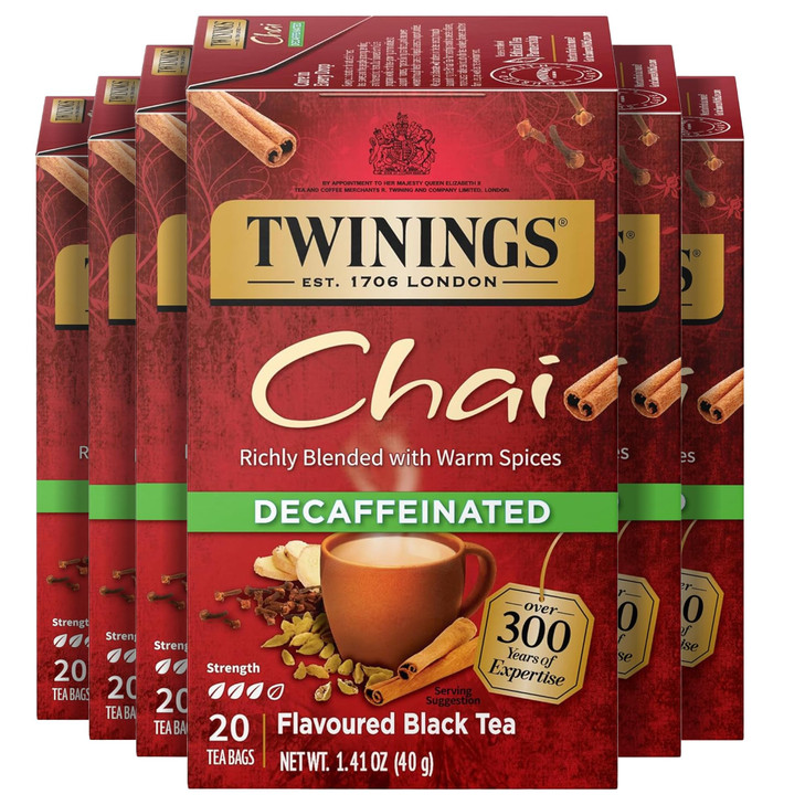 Twinings Decaffeinated Chai Individually Wrapped Bags, 20 Count (Pack of 6), Sweet, Savoury Spices, Enjoy Hot or Iced, 120 Teabags
