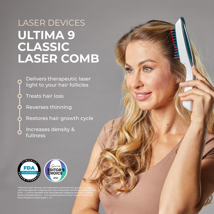 Hairmax Ultima 9 Classic LaserComb -(FDA Cleared) Laser Hair Regrowth Treatment Device for Men & Women - Reverses Thinning Hair Loss - Red Light Ther