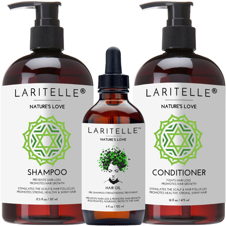 Laritelle Organic Hair Growth Set | Shampoo 17 oz + Conditioner 16 oz + Hair Loss Treatment 4 oz | Organic Quinoa + Keratin + Rosemary, Ginger & Grap
