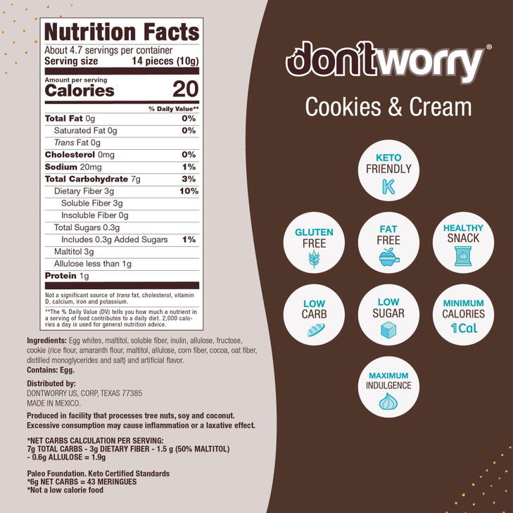 Don't Worry Low Calorie Meringue Cookies - 4 Pack - Cookies & Cream, Just 1 Calorie per Piece | Low Sugar Candy, Gluten Free, Protein Snacks | Keto F