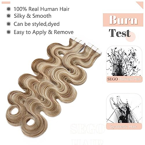 SEGO Wavy Tape In Hair Extensions Human Hair 20pcs 50g 20 Inch Blonde Highlighted Balayage Remy Body Wave Human Hair Tape In Extensions for Women -#P