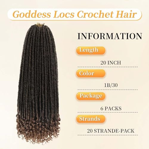 6 Packs Goddess Locs Crochet Hair, 20 Inch Straight Faux Locs Crochet Braids, Pre-Looped Curly Soft Synthetic Ombre Braiding Hair Extensions for Blac