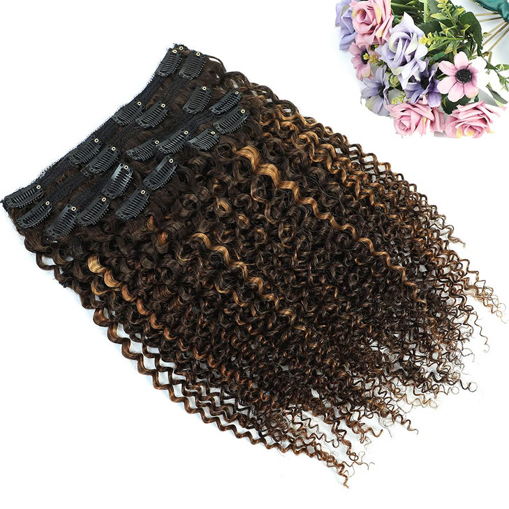 Urbeauty 4/30 Kinky Curly 10 Inch 3c 4a Clip in Hair Extensions for Black Women Chocolate Brown Mix Medium Auburn Curly Hair Extensions Clip Ins 10Pc