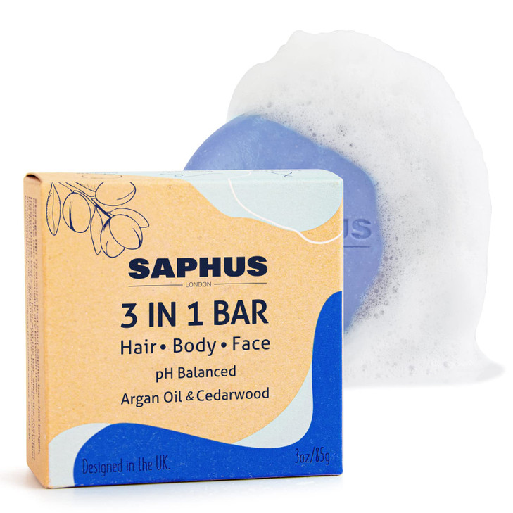 SAPHUS 3-in-1 Shampoo Bars for Hair, Body, Face & Beard | Acidified Bar Soap Moisturizing & Cleansing Bar for Men, Women, Kids | pH Balanced, Sulfate