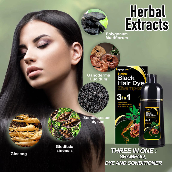 Dapoprren Black Hair Dye Shampoo 3 in 1, Natural Dye to Cover Gray Hairs,Hair Color Shampoo for Women and Men,Herbal Ingredient Shampoos for Grey Hai
