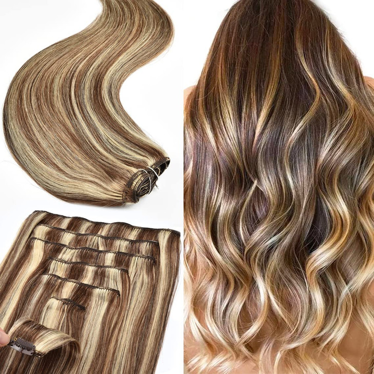 Human Hair Extension Clip In For Women Double Weft 9A 20inch 120g 7Pcs Silky Straight Clip ins Human Hair #4/613 Medium Brown with Blonde Hair Extens