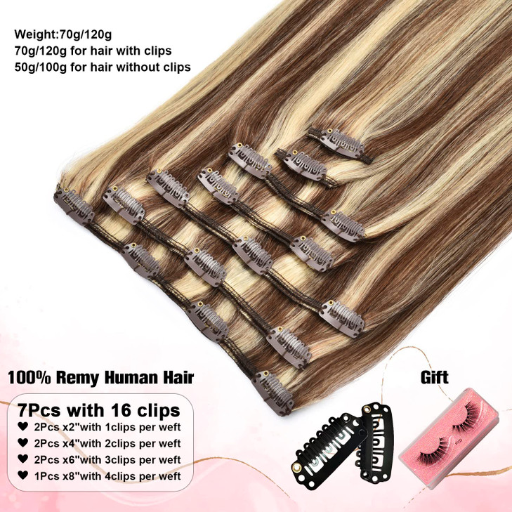 Human Hair Extension Clip In For Women Double Weft 9A 20inch 120g 7Pcs Silky Straight Clip ins Human Hair #4/613 Medium Brown with Blonde Hair Extens