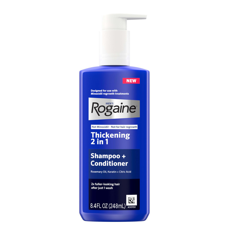 Rogaine Men's Thickening 2 in 1 Shampoo + Conditioner, Hair Thickening Shampoo & Conditioner with Rosemary Oil, Keratin & Citric Acid Leaves Hair Vis