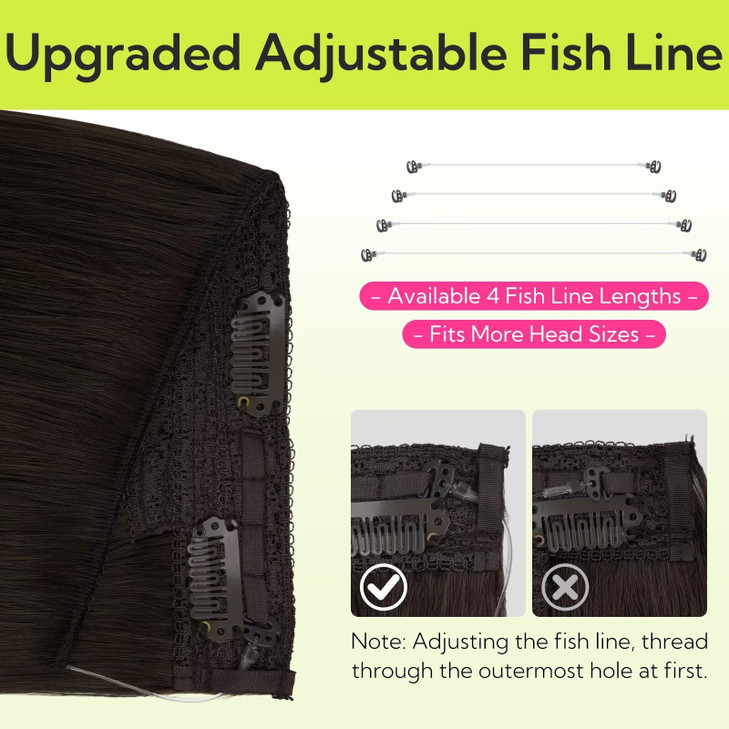 HOTBANANA Wire Hair Extensions, 12 inch 70g Dark Brown to Chestnut Brown Fish Line Real Human Hair Straight Invisible Wire Human Extensions Remy