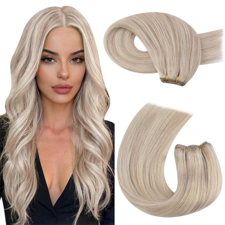 Moresoo Sew in Hair Extensions Real Human Hair Remy Straight Weft Hair Extensions Human Hair Ash Blonde Highight 100G 16Inch