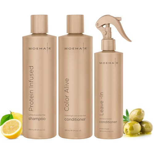 MOEHAIR Trio Pack: Protein Infused Shampoo + Color Alive Conditioner, and Leave-in Conditioner (12 Fl Oz Each) - Hydrating and Nourishing for Dry, Da