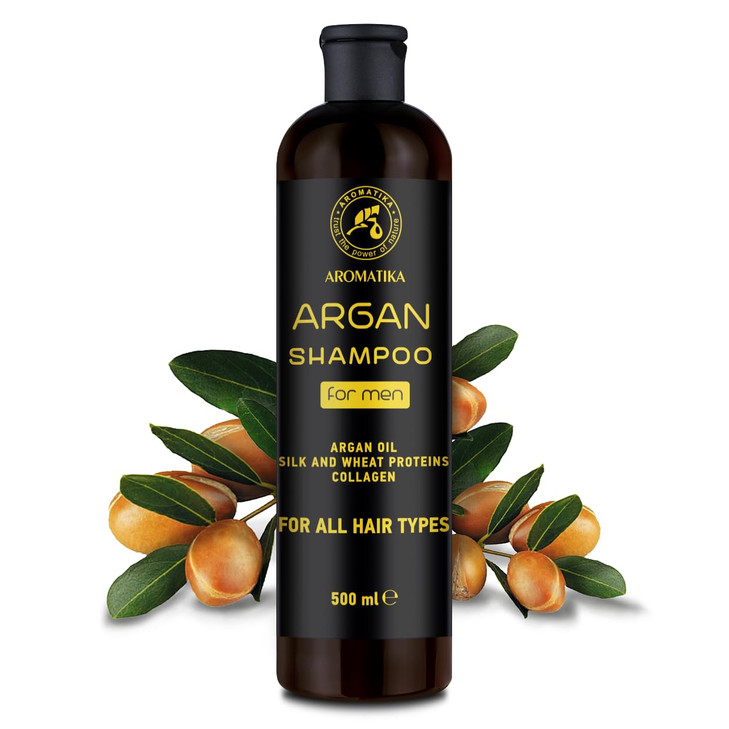 AROMATIKA Argan Oil Shampoo for Men 17 Fl Oz with Natural Argan Oil & Herbal Extracts for All Hair Types - Special Restorative Formula for Men - Hair