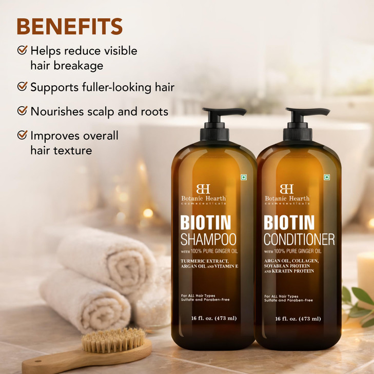 Botanic Hearth Biotin Shampoo and Conditioner Set - with Ginger Oil & Keratin for Hair Loss and Thinning Hair for Men and Women - Sulfate Free, 16 fl