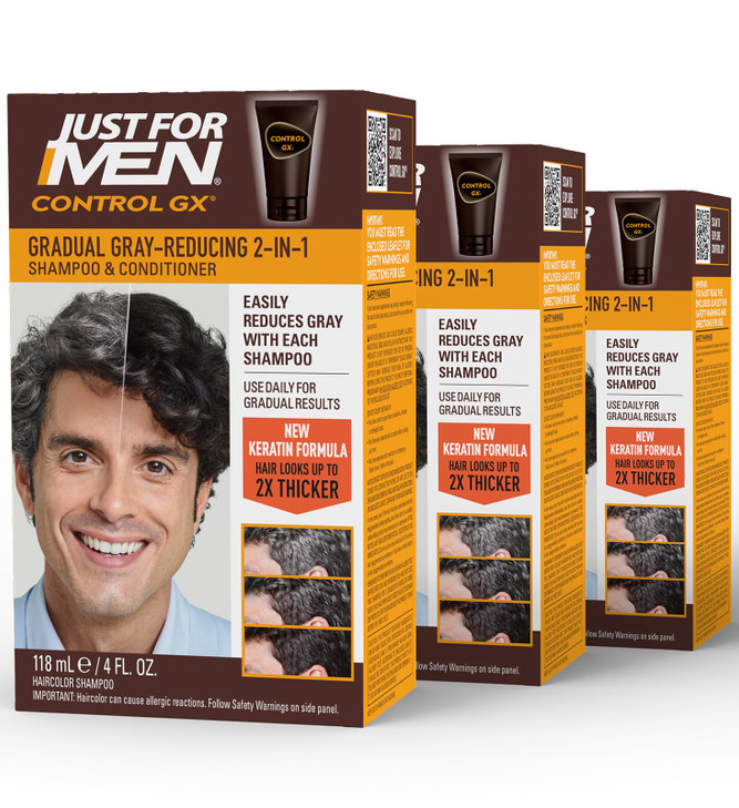 Just for Men Control GX Grey Reducing 2-in-1 Shampoo and Conditioner, Gradual Hair Color with Keratin for Stronger Thicker and Healthier Looking Hair