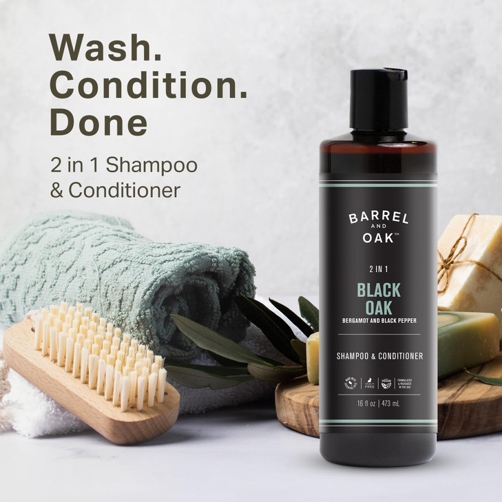 Barrel & Oak 2-in-1 Men's Shampoo and Conditioner, Cleanses Hair & Scalp, Multi-Use Hair Products for Men, Vegan Shampoo and Conditioner, Black Oak,