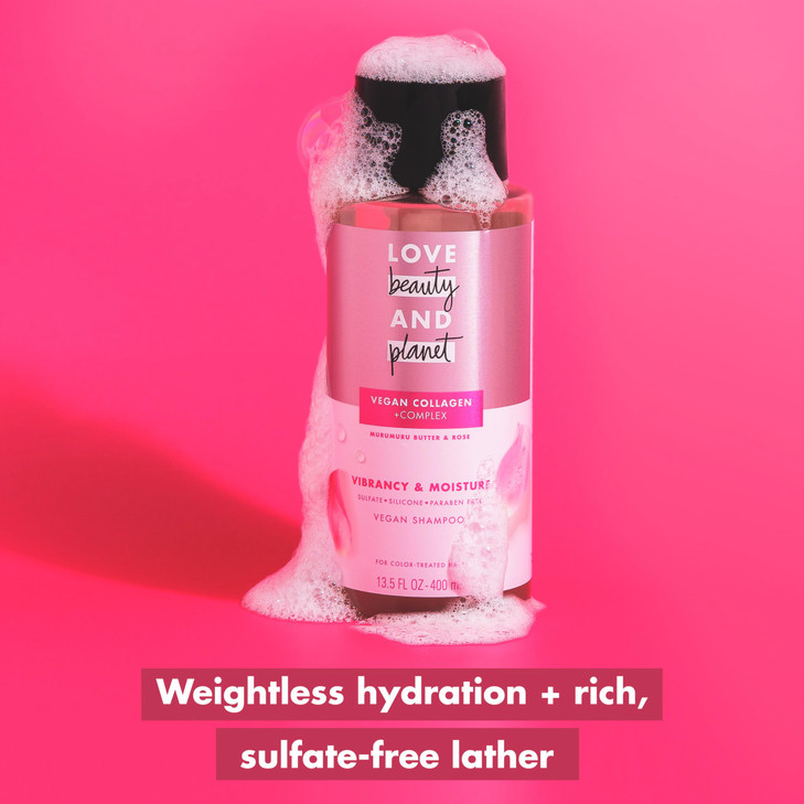 Love Beauty and Planet Vegan Collagen Moisture Shampoo, 13.5oz, Cruelty-free, Murumuru Butter & Rose for Color-Treated Hair Vibrancy, free from Sulfa