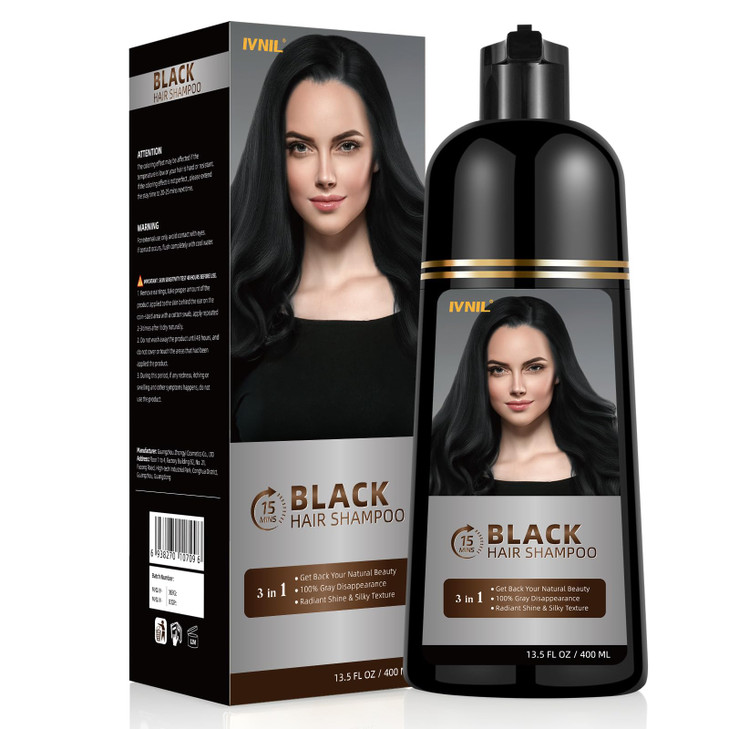 Ivnil Black Hair Dye Shampoo 3 in 1 for gray coverage champu para canas herbal color for women and men 400ML