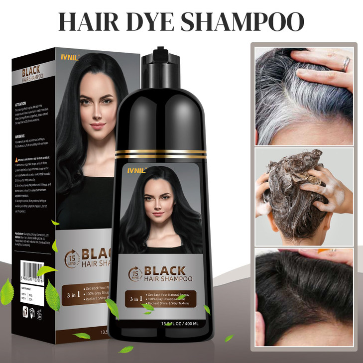 Ivnil Black Hair Dye Shampoo 3 in 1 for gray coverage champu para canas herbal color for women and men 400ML