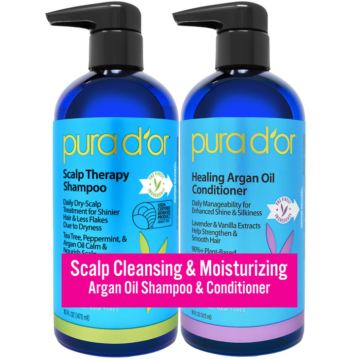 PURA D'OR Scalp Therapy Shampoo & Conditioner Set (16oz x 2) Dry, Itchy Scalp-Hydrates & Nourishes Hair w/Tea Tree, Peppermint, Argan Oil & Biotin, A
