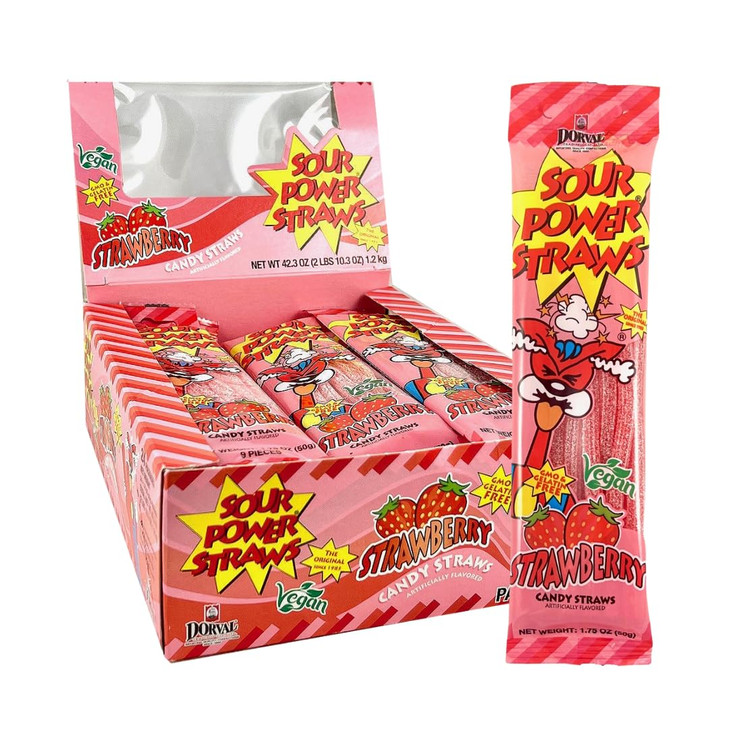 Sour Power Candy Straws, Strawberry, 1.75 oz (Pack of 24)