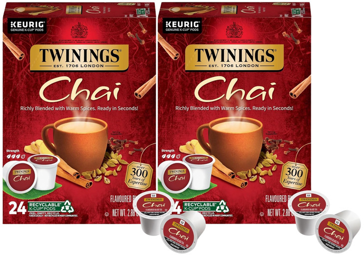 Twinings Chai Black Tea K-Cup Pods for Keurig, 24 Count (Pack of 2), Naturally Sweet and Savoury Spice Flavors, Caffeinated, Enjoy Hot or Iced