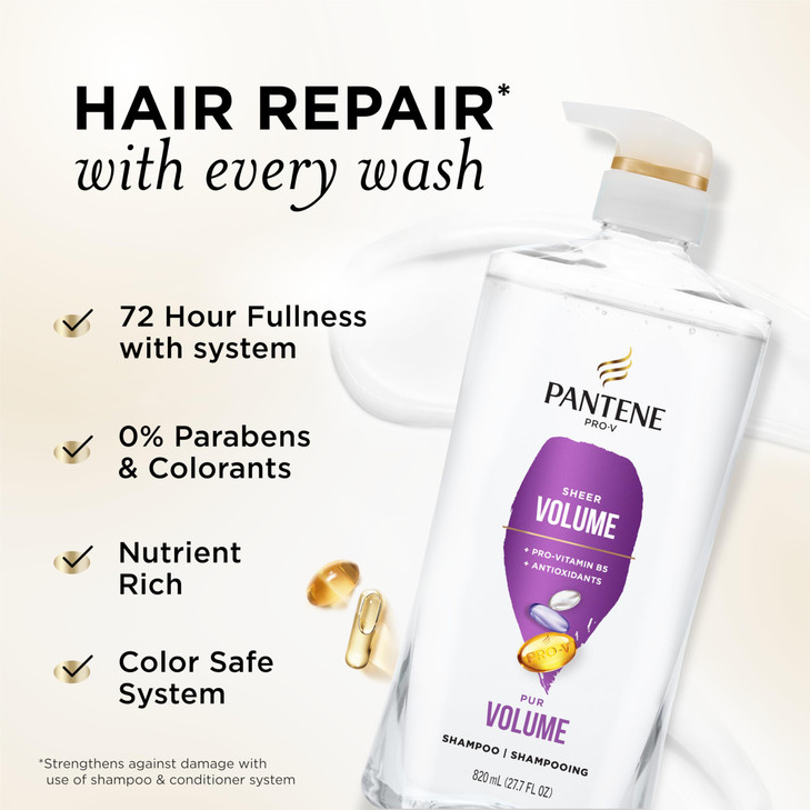 Pantene Shampoo, Sheer Volume - Lightweight Nourishment for Fine, Color-Treated Hair, 72-Hour Fullness and Body, 27.7 Oz Each, 2-Pack + Miracle Rescu