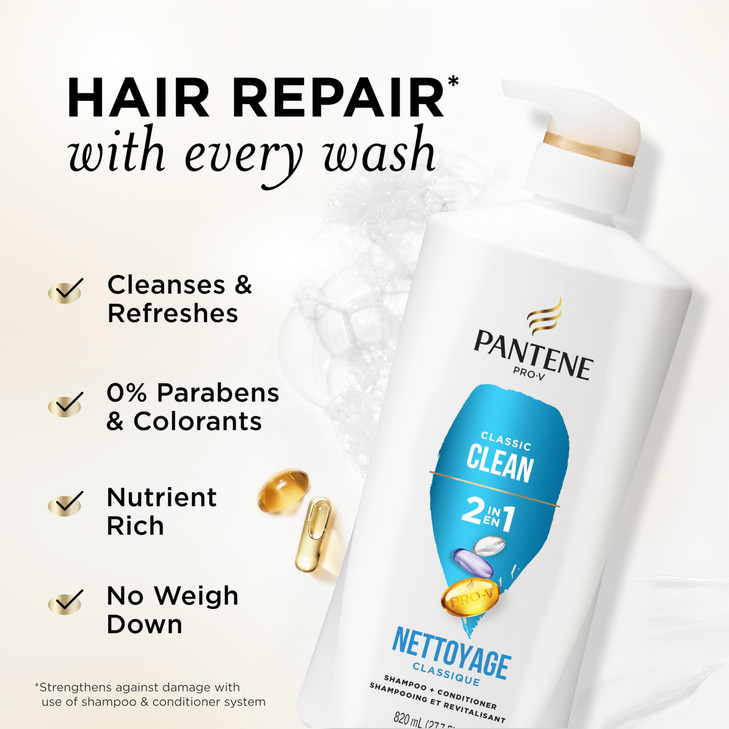 Pantene 2-in-1 Shampoo & Conditioner, Classic Clean - Pro-V Nutrients for Dry, Color-Treated Hair, Healthy Looking Hair Every Wash, Antioxidant-Rich,